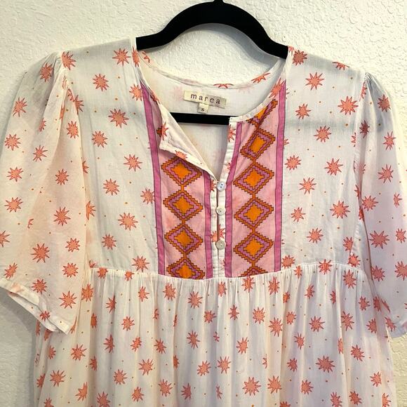 Marea Tiki Dress Small Mini Starburst Aztec Print White Pink Beachy Coverup Boho - Picture 3 of 15